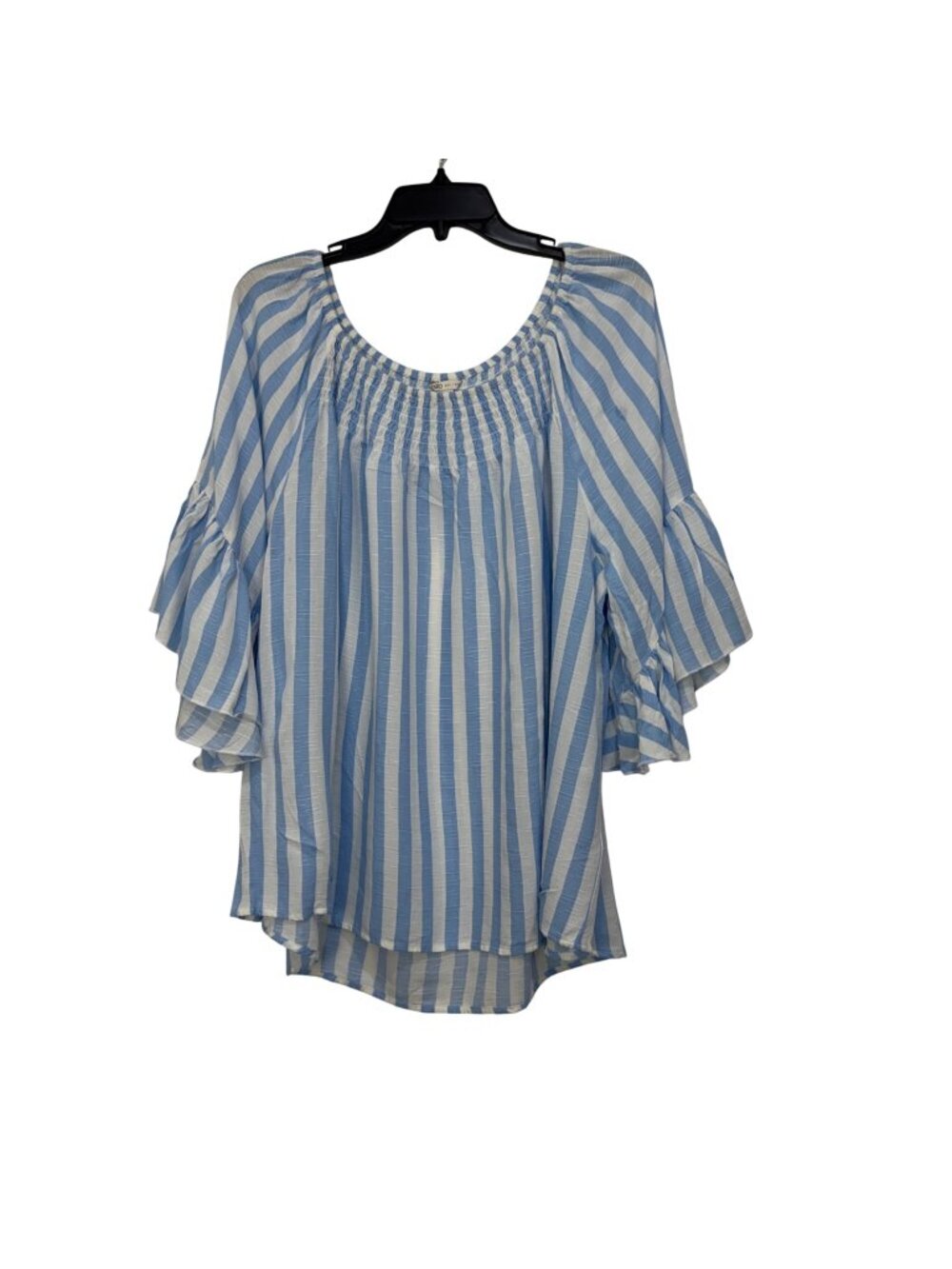 CATO Womens Blue/White Striped Smocked Neck Blouse  Ruffle Sleeves Size 18/20W